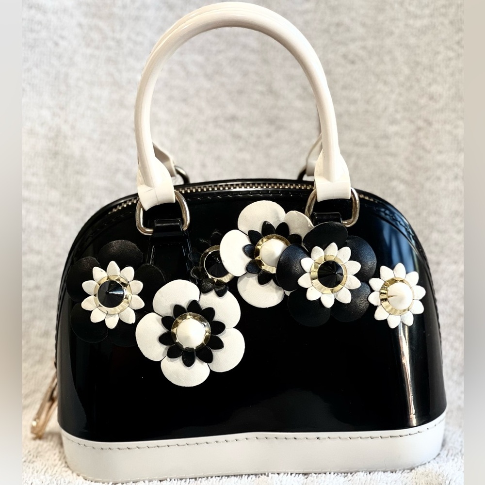 Mini Black White Patent Floral Bag | Vintage Style Top Handle Statement Purse